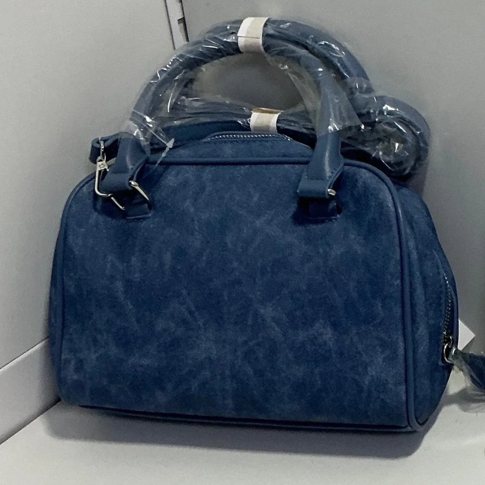 Christian Siriano Blue Distressed Faux Leather Satchel Crossbody Bag NWT